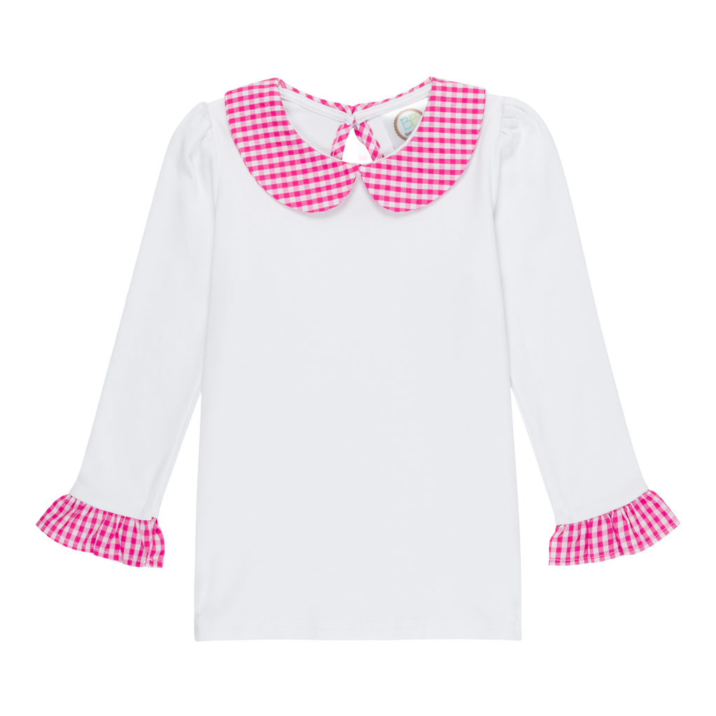 Girls Long Sleeve Peter Pan Collar Tee with Gingham Trim