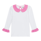Girls Long Sleeve Peter Pan Collar Tee with Gingham Trim