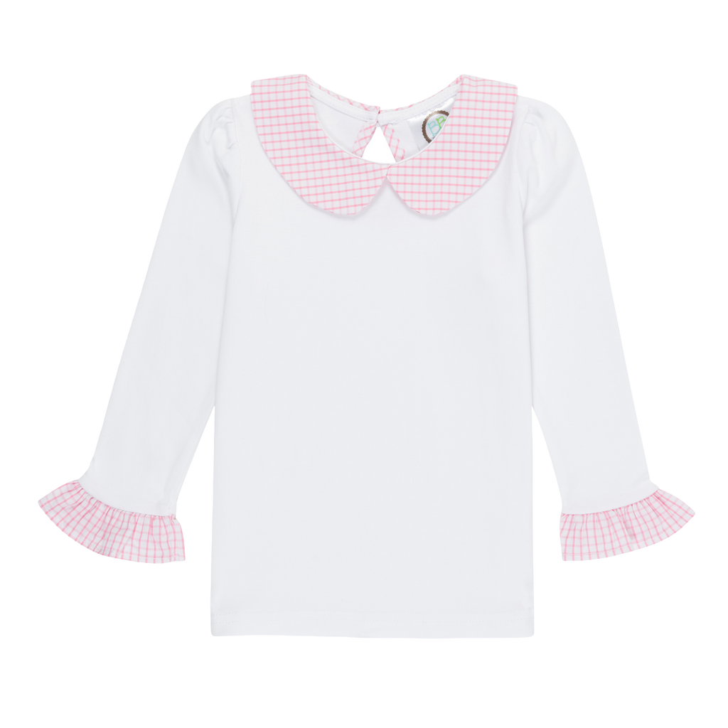 Girls Long Sleeve Peter Pan Collar Tee with Gingham Trim