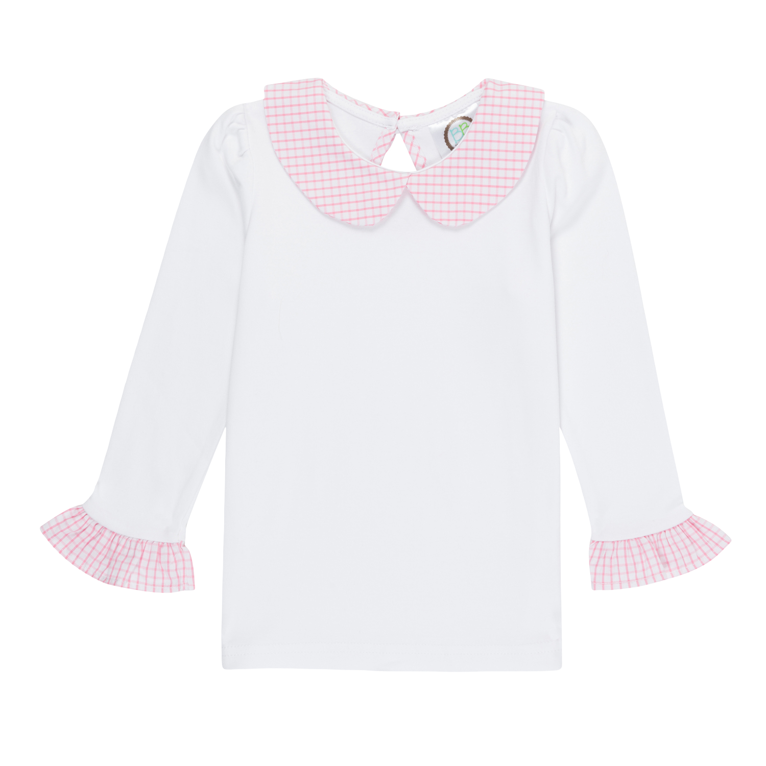 Girls Long Sleeve Peter Pan Collar Tee with Gingham Trim