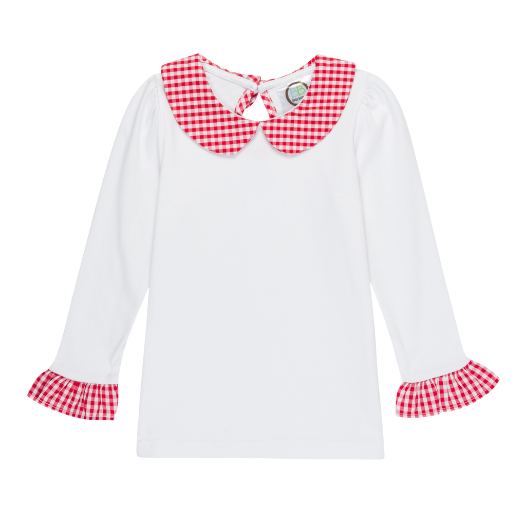 Girls Long Sleeve Peter Pan Collar Tee with Gingham Trim