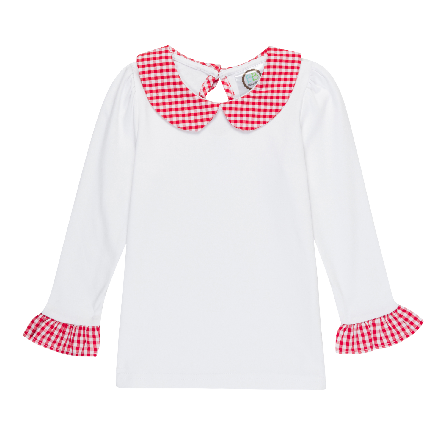Girls Long Sleeve Peter Pan Collar Tee with Gingham Trim